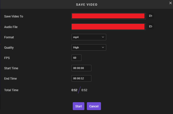 Capture d'écran d'Astrofox, options d'export de la vidéo