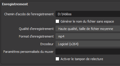 Capture d'écran du menu "Sortie" d'OBS