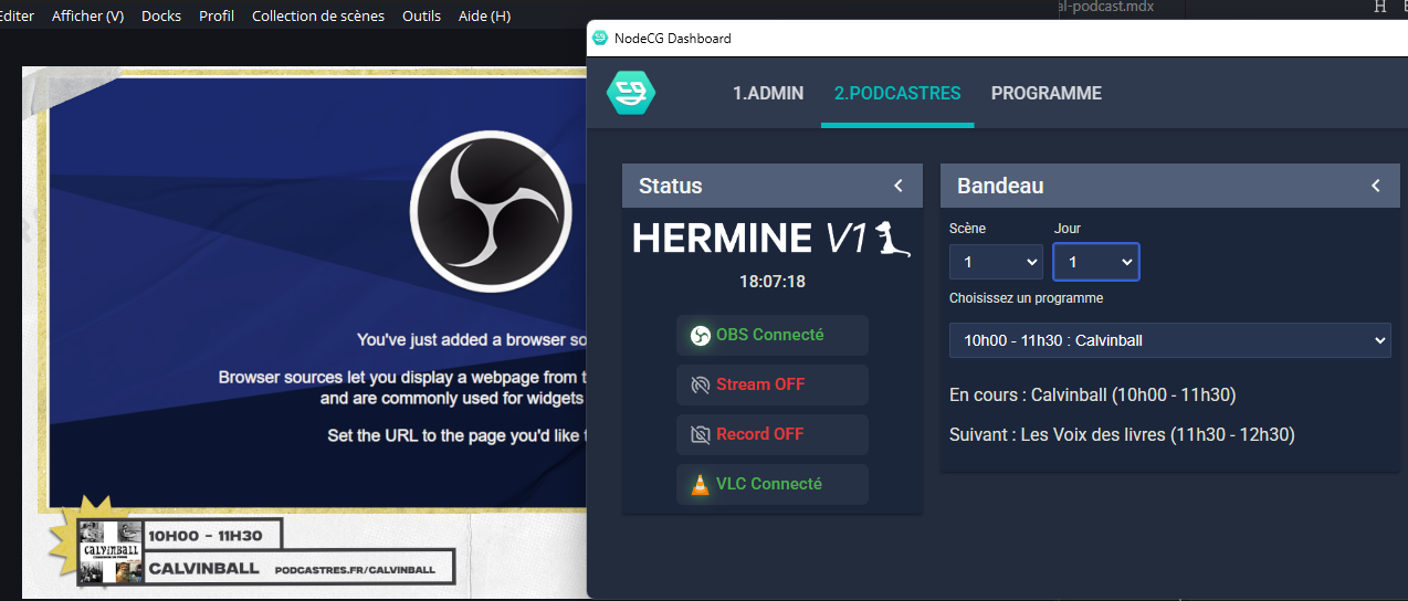 Une scène de live du festival PodCastres, la bandeau affiche les informations de l'émission en cours et à venir, gérées via le panneau d'administration de NodeCG