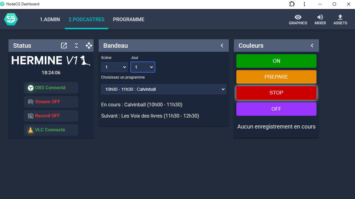 Capture d'écran de NodeCG en action