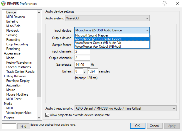 La section "Devices" ou "Périphériques" des paramètres son sur Reaper