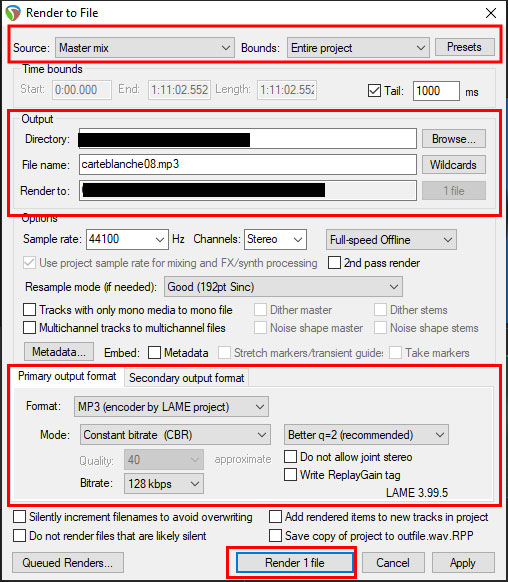 Les options d'export de Reaper