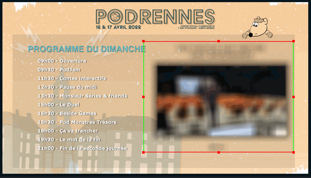 GIF de démonstration du plugin Move Transition sur l'overlay du Festival PodRennes