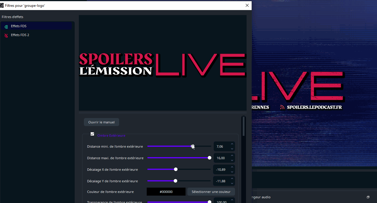 GIF du logiciel OBS, montre comment ajouter une ombre portée à un texte grâce au filtre FDS