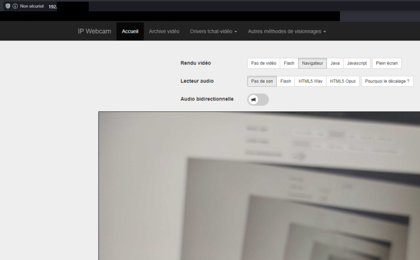 Capture d'écran d'IP Webcam sur navigateur, avec les options pour gérer la caméra