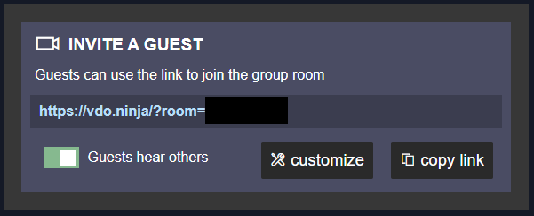 Capture du site VDO NINJA sur navigateur, avec le lien pour inviter des personnes à la discussion