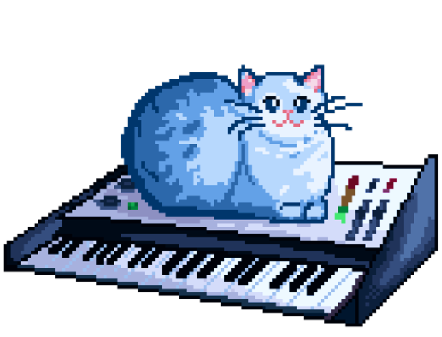 Logo en pixel art : un chat gris sur un clavier (piano) dans l'espace)