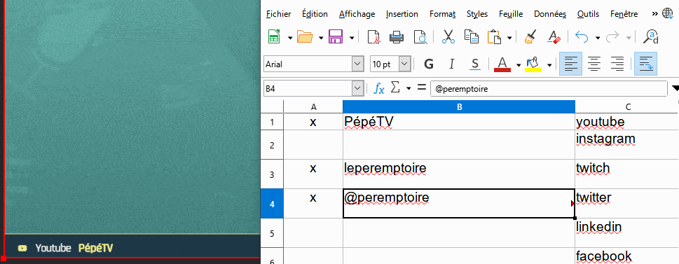 Le bandeau de bas d’écran affiche les réseaux sociaux de la personne (Twitch, Facebook, Instagram…) en rotation, en allant chercher les infos sur la feuille de calcul.