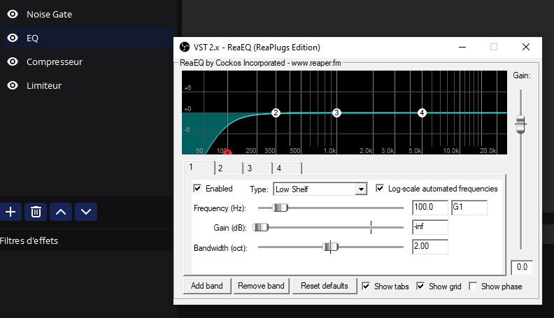 Une chaine d'effet sonore avec des filtres sur OBS : noise gate, egaliseur, compresseur et limiteur