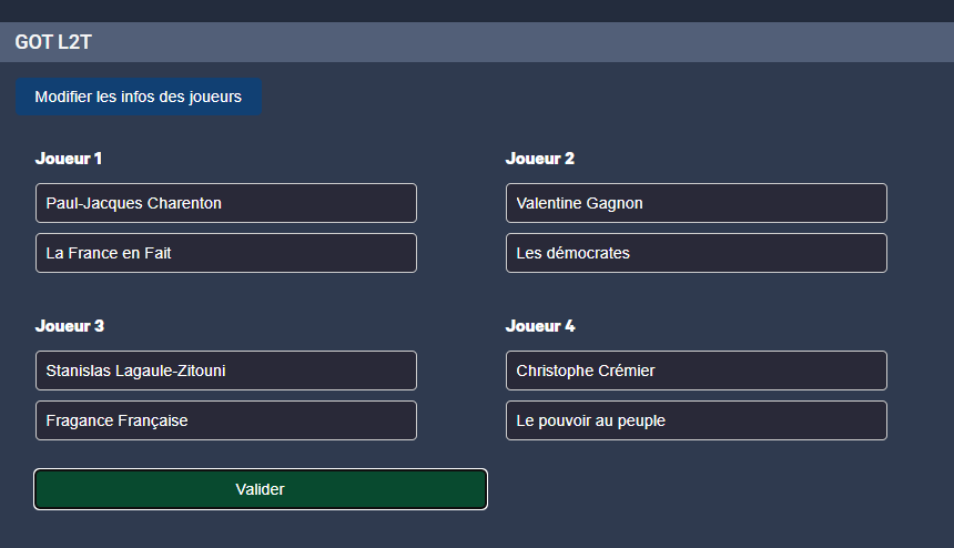 Capture d’écran de NodeCG, avec un module qui permet de gérer les noms et les noms des partis politiques des candidat-e-s.