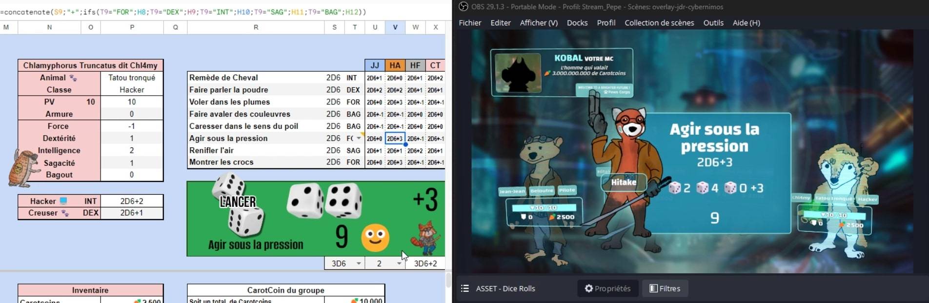 Tableur Google et affichage des jets de dés sur l'overlay