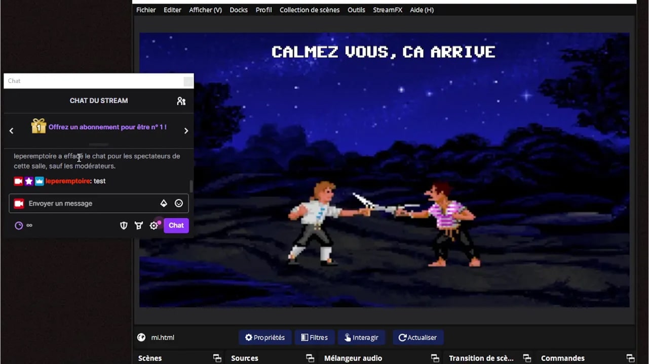 Capture d'écran d'OBS qui montre un scène d'attente avec un combat d'épée de Monkey Island