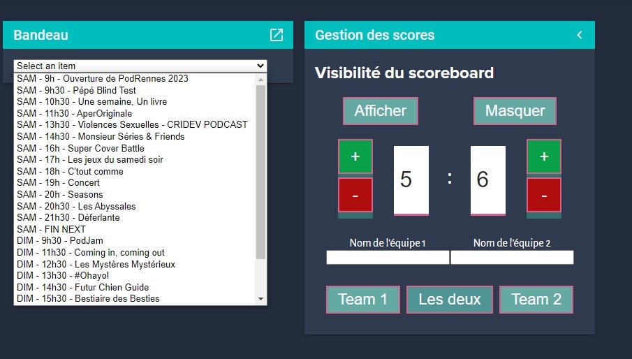 Apercu du panneau d'administration de NODECG