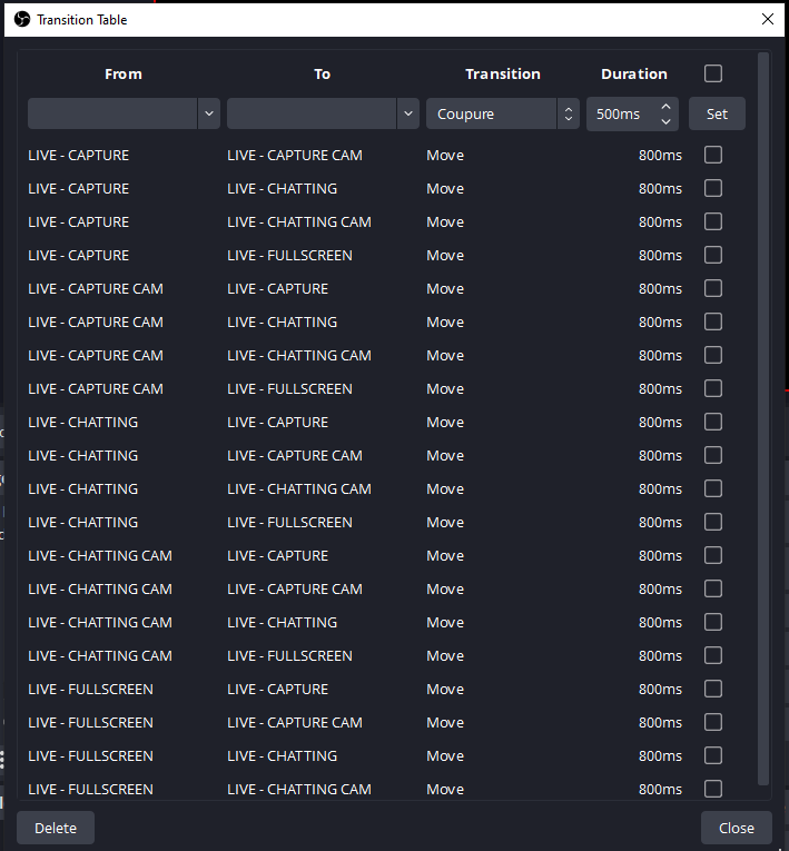 Capture d'écran du plugin Transition Table