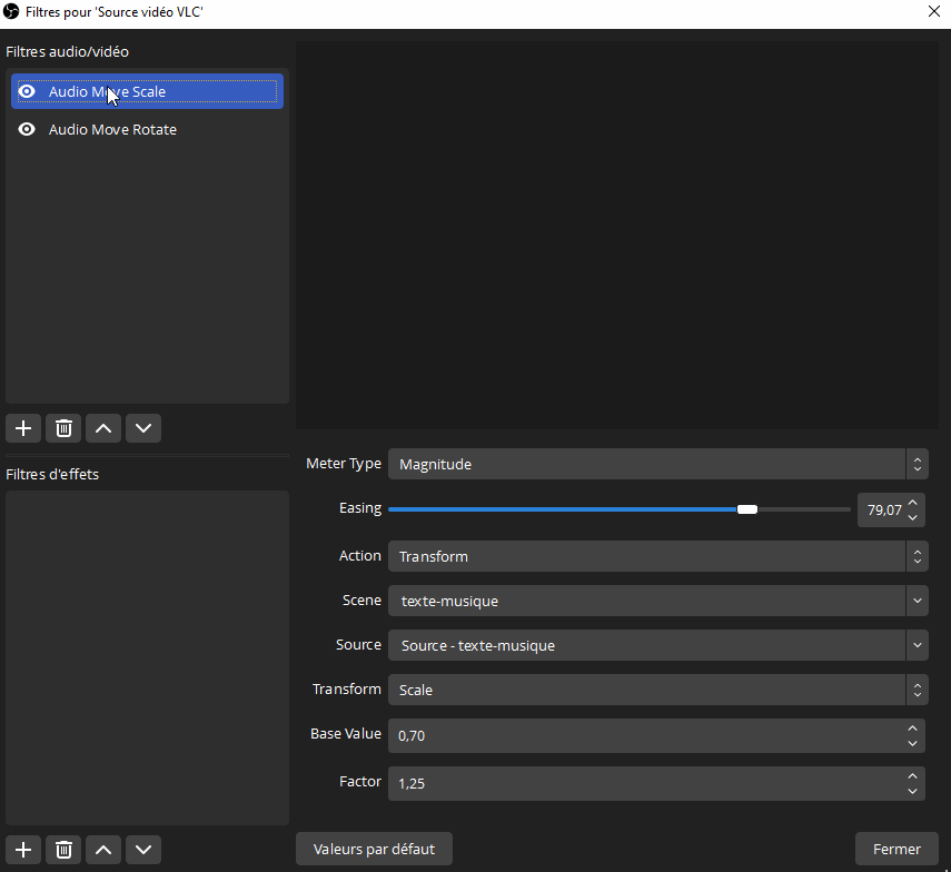 Les paramètres à mettre en place pour réaliser cet effet