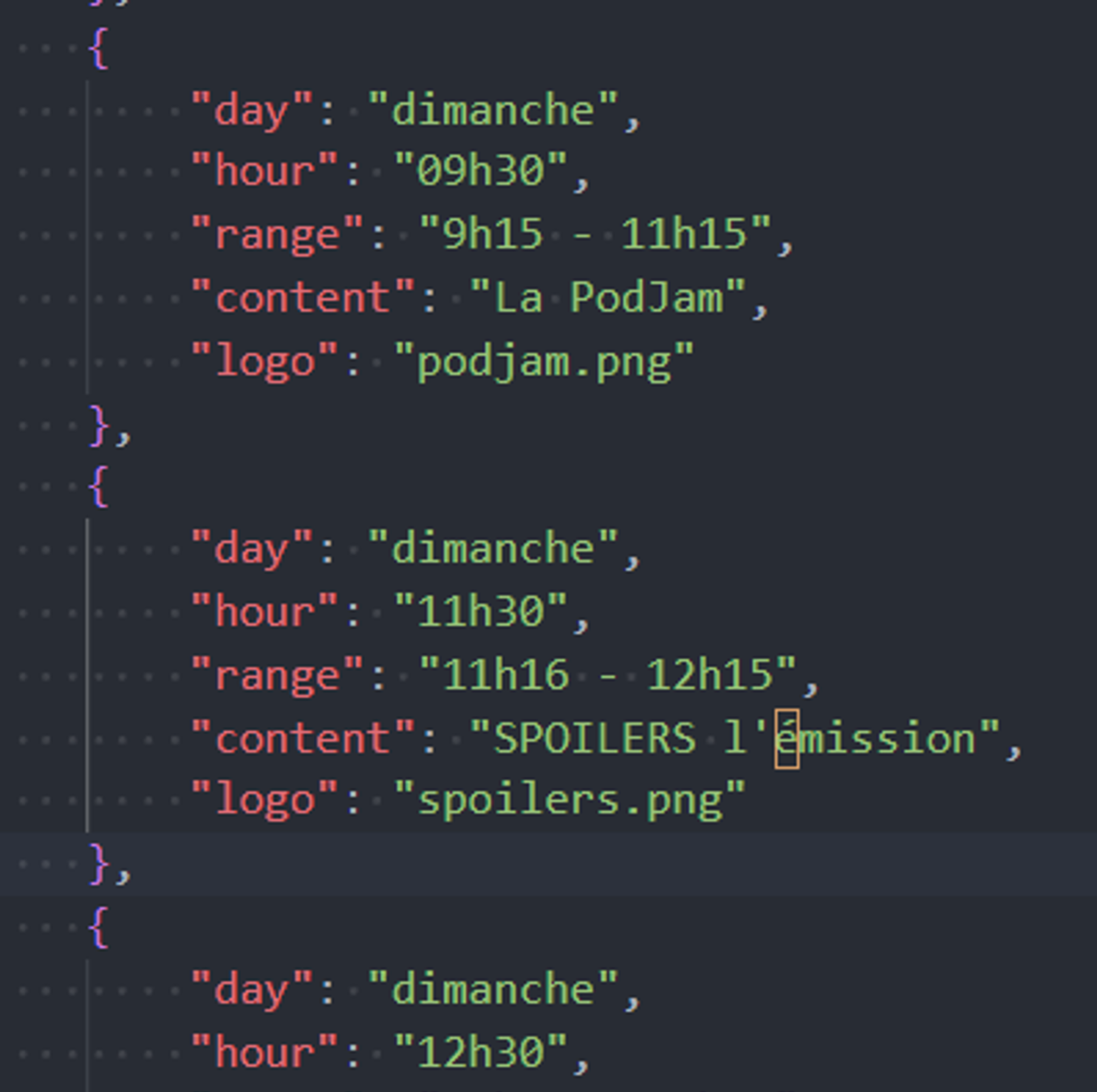 Le fichier JSON rassemble les infos des émissions (nom, horaire…)